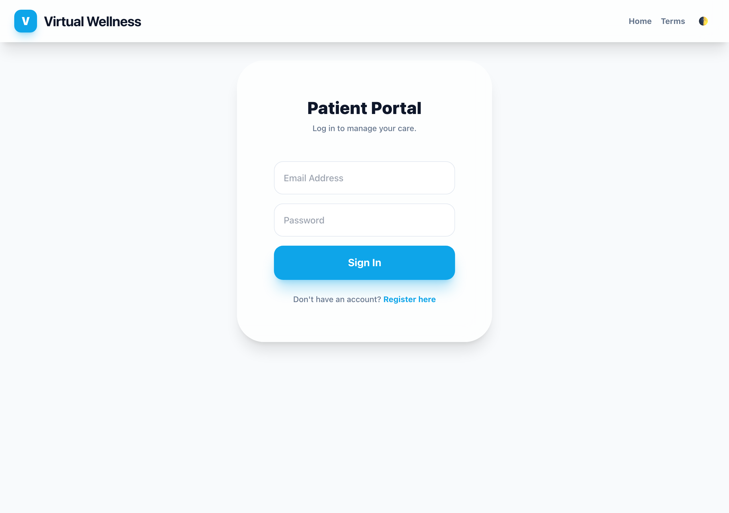 Patient Portal sign-in page with email and password fields and a Register link
