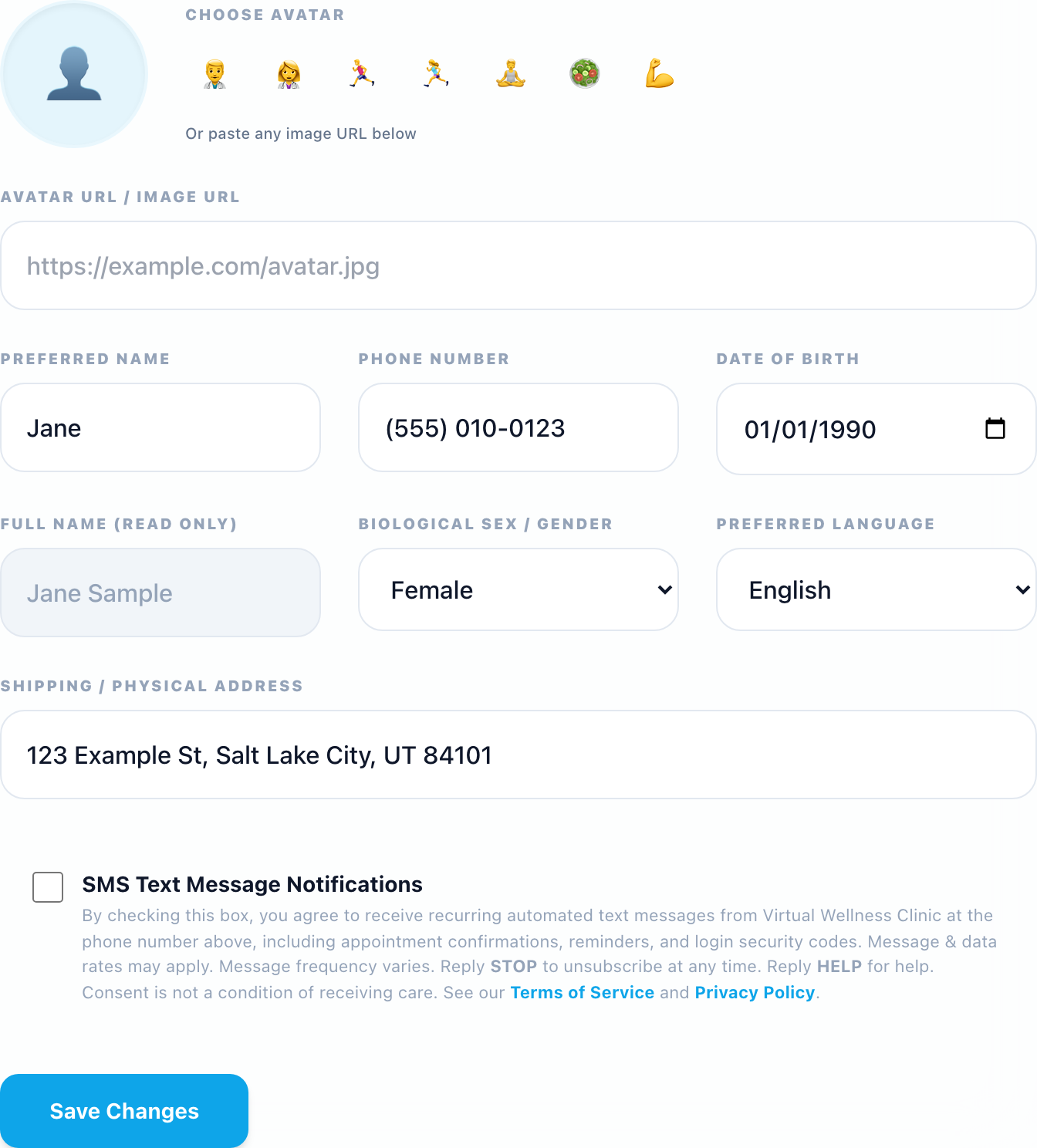 Portal Settings form showing the phone number field and an unchecked SMS consent checkbox with the full disclosure